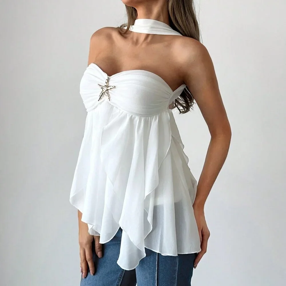 Women's Elegant Romantic Sexy Elegant Style Starfish Embellished top - white - Picture 4 of 6